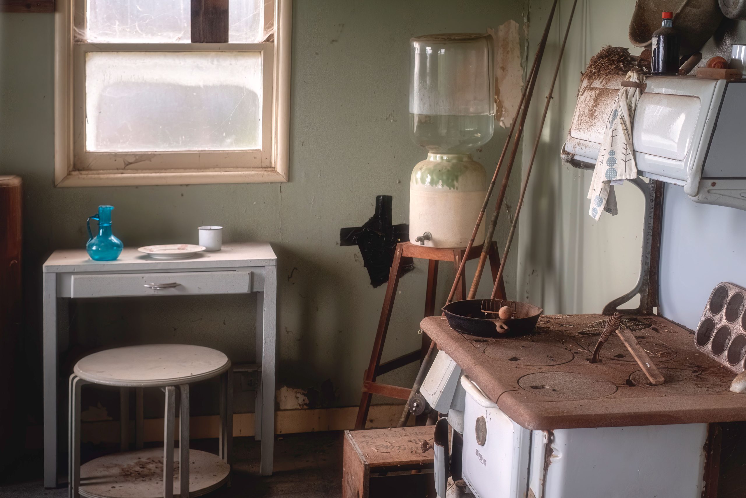 Ancienne cuisinière vintage avec cruche eau rustique