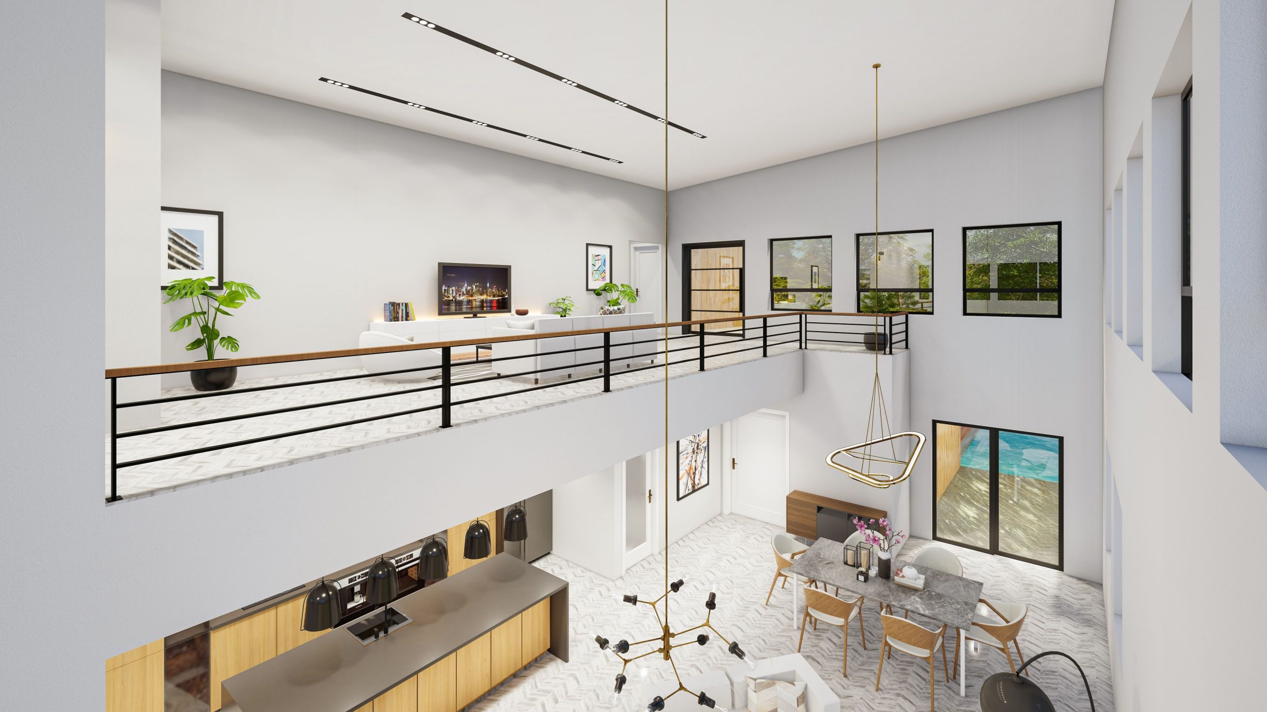 Intérieur moderne épuré avec balcon ouvert